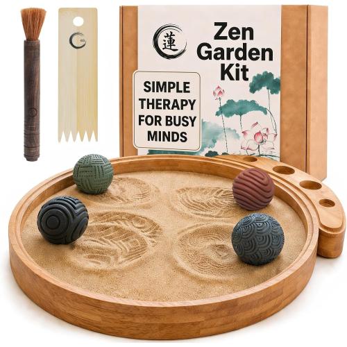 ENSO Zen Garden for Desk, Japanese Bamboo Sand Tray Therapy Kit | Lead-Free Granite Stone, Patented Elemental Design, 1-Inch Deep Bamboo Base, Includes Rake and Brush, Adult and Kids Use