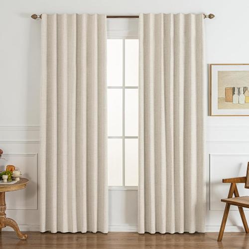 Blackout Curtains 96 Inch 2 Panels - 100% Light Blocking Thermal Insulated Noise Reducing, Linen Blend Hooked Pleat, Boho Farmhouse Style Drapes for Bedroom Living Room Cream