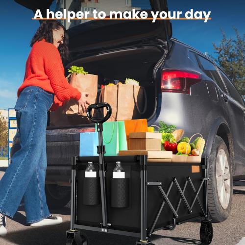Color Black Collapsible Wagon Cart Foldable with 220lbs Weight Capacity, Lightweight Portable Folding Utility Grocery Shopping Cart with Wheels for Camping Sports Beach and Shopping