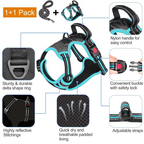 Size Large Neck: 18-25.5, Chest: 25.5-31 Color Black No Pull Harness with A Free Heavy Duty 5ft Leash for Medium Large Dog Adjustable Reflective Oxford Easy Control (L (Neck: 18-25.5, Chest: 25.5-31), Black/Blue Harness Leash)