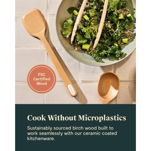 Caraway Wooden Utensil Set - 5 Piece Cooking Utensil Set - Spoon, Server, Scraper, Spatula, & Tongs - Made From FSC-Certified Birch Wood - No Microplastics