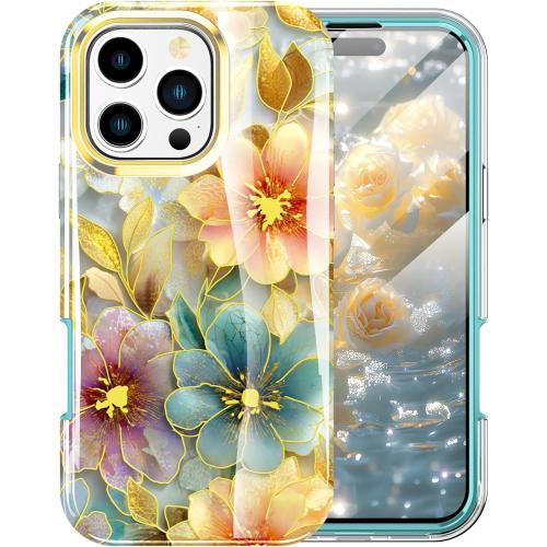 Cute Flower Case for iPhone 16 Pro Max 6.9 inch Built with Screen Protector, Lightweight and Stylish Full Body Shockproof Protective Rugged TPU Case for Women/Girls-Golden Peony Flower
