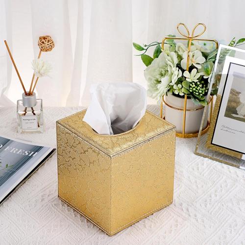 Sumnacon Square Leather Tissue Box Cover - Stylish Cube Tissue Box Holder with Magnetic Bottom, Decorative PU Tissue Box for Vanity Dresser Night Stand Table Countertop Home Office Car, Gold