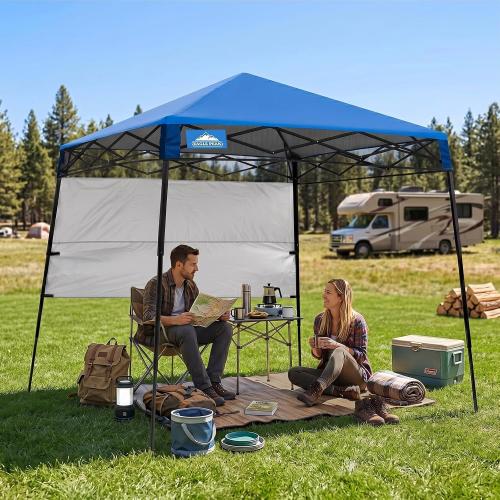 EAGLE PEAK 8x8 Pop Up Canopy Tent with Sidewall, Compact, Portable Slant Leg Instant Sun Shelter for Beach, Sports, & Camping, 8x8 Base 6x6 Top, Blue