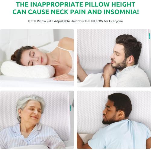 UTTU Cervical Pillow for Neck Strain Relief, Memory Foam Neck Pillow for Sleeping, Adjustable Orthopedic Sandwich Pillow, Contour Cooling for Side Back Stomach Sleeper, Queen(23.6×14×5.2/4.5)