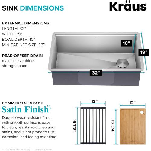 KRAUS Kore 32-Inch Undermount Workstation 16 Gauge Single Bowl Stainless Steel Kitchen Sink with Accessories, KWU110-32