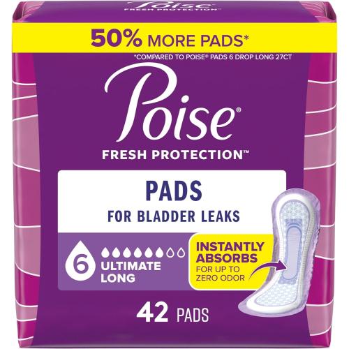 Poise Incontinence Pads & Postpartum Incontinence Pads, 6 Drop Ultimate Absorbency, Long Length, 42 Count, Packaging May Vary