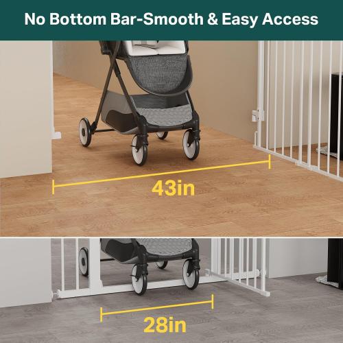 White Cumbor 29.2–43 Baby Gate for Stairs, Wall-Mounted (Drill Required), Expandable No Bottom Bar Dog Gate, Auto Close Extra Wide Walk Thru, Pet & Toddler Proof Gate, Top & Bottom of Stairways (White)