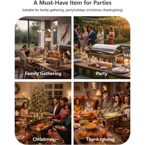 13QT Roll Top Chafing Dishes for Buffet: Stainless steel Chafing Dish Set | Chafers and Buffet Warmers Sets for Parties, Birthday, Wedding, Gathering-1 Full & 2 Half & 3 1/3 Size Food Pan & 1 Water Pan