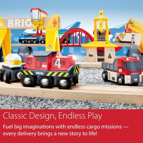 BRIO World Cargo Railway Deluxe - Wooden Track Train Set - Battery-Powered Engine, 3 Cranes, Bridge, Truck - Kids Ages 3  - Compatible with All BRIO Sets - FSC Certified Wood - 54-Pieces