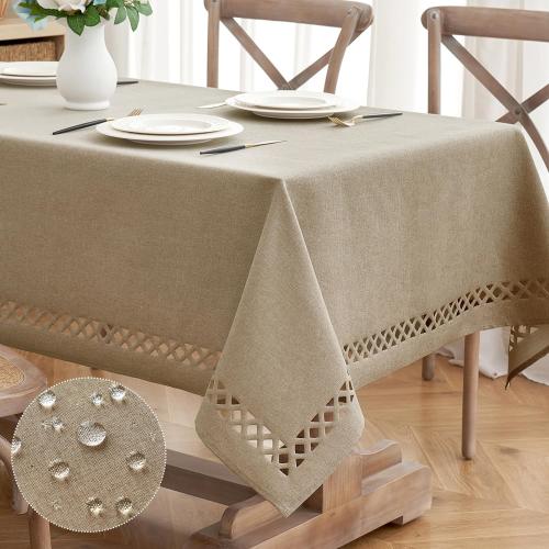 MIULEE Beige Thick Polyester Linen Rectangle Tablecloth Decorative Cutouts Waterproof Stain and Wrinkle Resistant Table Cloth Burlap Farmhouse Table Cover for Dining Party Wedding, 55 x 84 inch