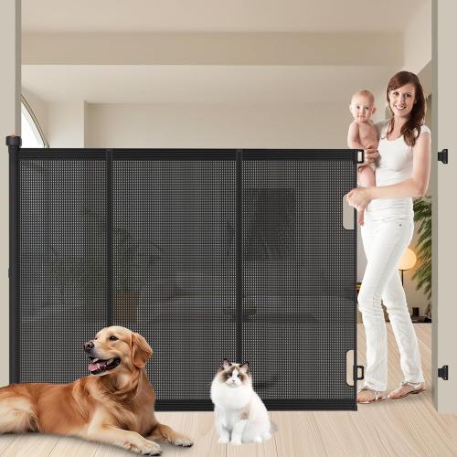 Pawtners Retractable Baby Gates Extra Wide, Dog Gate Indoor with Cat Door for Stairs, Pet Gate with Support Rods for Doorways Hallways Indoor & Outdoor,51 Tall x 200 Wide