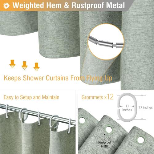 BTTN 96 Inch Extra Long Shower Curtain - Linen Textured Heavy Duty Tall Fabric Shower Curtain Set with 12 Plastic Hooks, Large Simple Neutral Cloth Shower Curtains for Bathroom, 72x96 Inch, Sage Green
