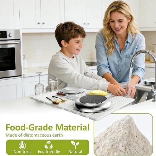 Large Stone Dish Drying Mat for Kitchen Counter, 24(L)×16(W), Collapsible Quick Dry Diatomaceous Earth Mat, Super Absorbent Drying Pad for Dishes Bottles Cups Utensils, Heat Resistant (White)