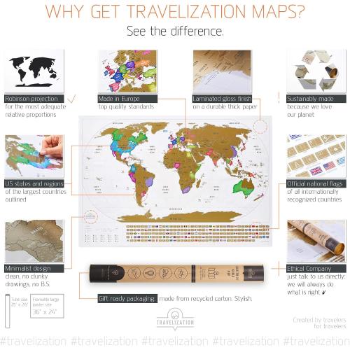 XL Scratch Off World Map with 196 Country Flags 36 x 24 Frameable Travel Map with Vibrant Colors and Premium Gold Coating, Beautiful Visited Places Tracker for Travelers, White