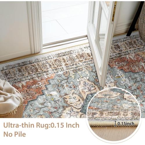 BESTSWEETIE 8x10 Area Rug Washable Rugs for Living Room, No Pile Boho Carpet for Entryway Bedroom Dinning Room, Vintage Carpet Print Distressed Non-Slip, 8 x 10 ft, Green Brick Rust Red