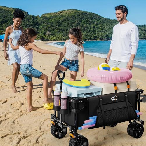 Black Collapsible Wagon Cart Heavy Duty Foldable, Folding Beach Wagon with Big Wheels for Sand, Utility Grocery Cart with Side Pocket and Brakes for Camping Sports Outdoor Activities, Black