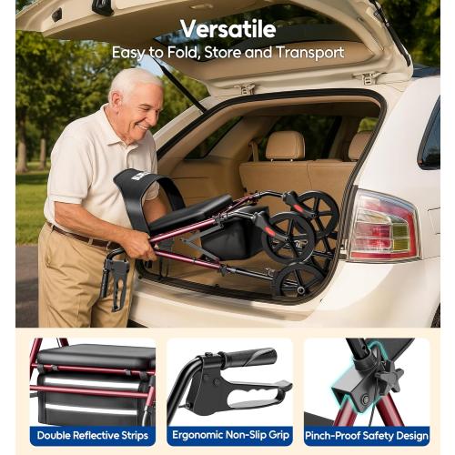 Bluelog Walkers for Seniors Rollator Walkers with Seat, 350lb Capacity with Cup Holder & Cane Holder, 8'' All Terrain Wheels, Adjustable Handles and Seat Height, Foldable Design, Burgundy