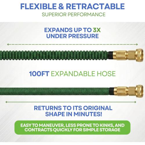 J&B XpandaHose 100ft Expandable Garden Hose, Lightweight, Brass Connectors | Ultra Strong 3750D fabric, 4-layer latex core, expands 3X, kink & leak-resistant, 10-pattern nozzle, storage bag