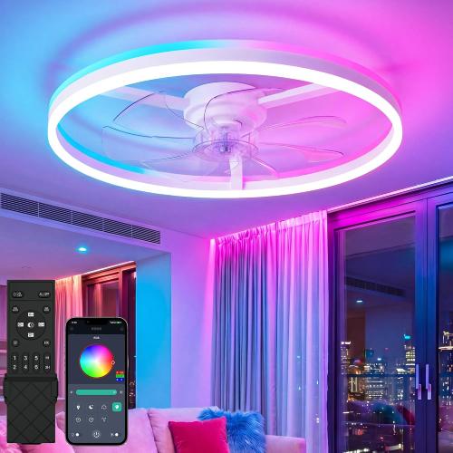 RGB Ceiling Fan with Light and Remote,24 Fandelier Smart Ceiling Fan,White | Low Profile Ceiling Fan with Light, Dimmable Flush Mount Ceiling Fan, Modern Bladeless Ceiling Fan, 6 Speeds Ceiling Fan RGB