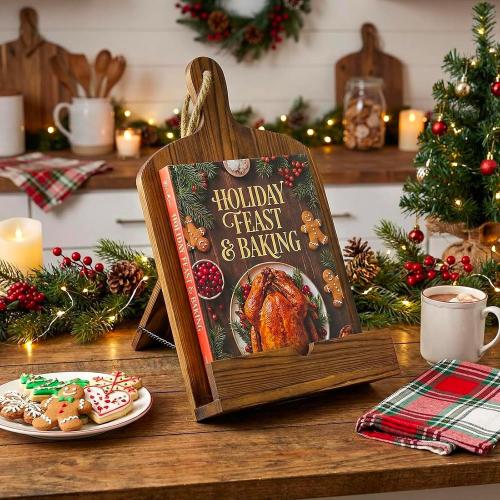 MyGift Cookbook Stand Recipe Book Holder Brown Wood Cutting Board Design | Kitchen Display Easel Reading Support Countertop Cooking Manual Tablet Rest Baking Meal Preparation Home Chef Organizer