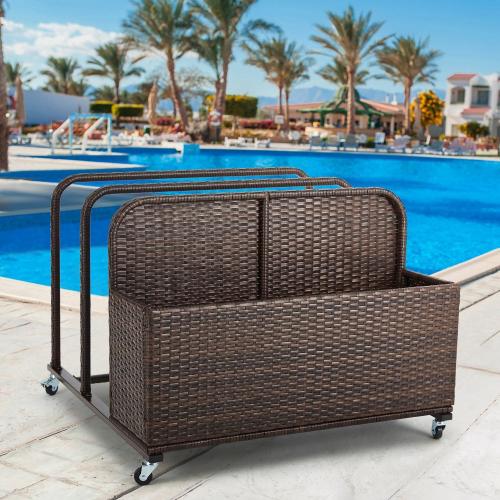 Poolside Float Storage Organizer, Outdoor Wicker Rattan Pool Float Holder Storage Rack for Basket Box Patio Pool Storage Caddy with Rolling Wheels for Pool Toy Noodles Equipment Accessroies (Brown)