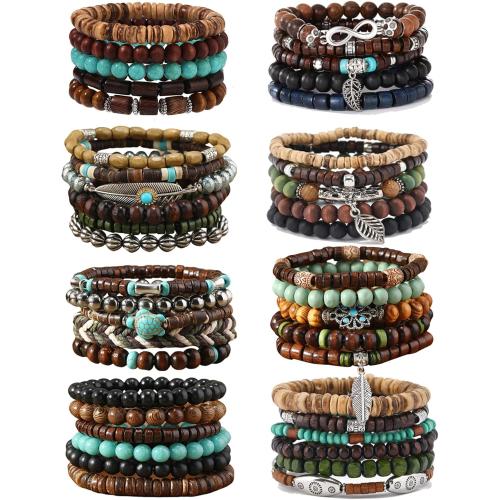 SONNYX 30Pcs Punk Wooden Beads Bracelets Gothic Bracelet for Men Adjustable Vintage Beaded Bracelet Metal Set Wood Bangles Wristbands Commemorative Gift