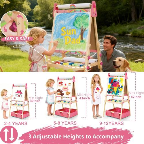 Art Easel for Kids, Kids Art Easel with 3 Paper Roll, Magnetic Whiteboard and Chalkboard,Adjustable Standing Wooden Toddler Easel for Painting Double Sided,3in1 Painting Easel for 2-4 4-8 Pink