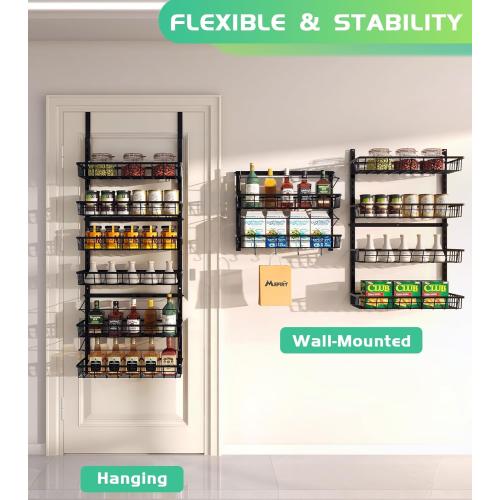 Over The Door Pantry Organizer, Pantry Storage and Organization, 6-Tier Adjustable Hanging Baskets, Metal Wall Mount Spice Rack Seasoning Shelves for Home & Kitchen, Laundry Bathroom - Black