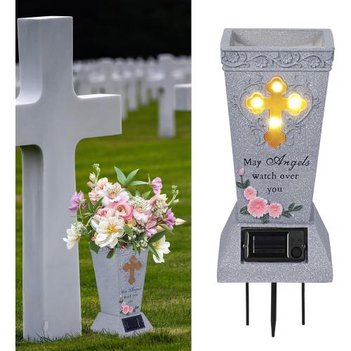 DAMEING Cemetery Vase for Grave, Cemetery Decorations for Grave, Solar Lights Cross Grave Flower Vases for Cemetery, Tomb Decoration Memorial Gift for Lost Loved One