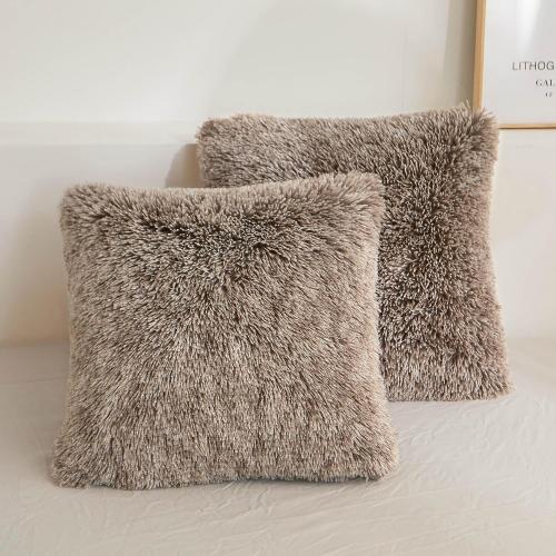 XeGe 2 Pieces Faux Fur Throw Pillow Covers, Shaggy Fluffy Cushion Covers, Cute Fuzzy Decorative Pillow Covers, Plush Furry Velvet Pillowcases for Bed Couch Living Room (18''x18'', Khaki Ombre)
