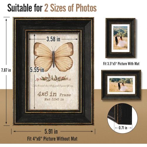 Black 4x6 Picture Frames, Rustic Distressed 4 x 6 Photo Frame Set of 4, Vintage Farmhouse Black and Gold Frame with Mat for 3.5x5, Small Matted Frame for Wall Hanging or Tabletop, Home Decor, 4 Pack