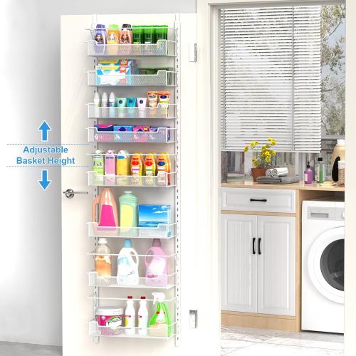 Over the Door Pantry Organizer, 8-Tier Over the Door Organizer with Adjustable Basket, Pantry Door Organization for Pantry Kitchen Storage Room Spice Rack, White