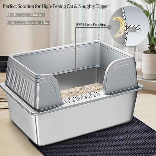 Vealind XXL Stainless Steel Cat Litter Box High Sided with Lid 23.7 L x 16 W x 14 H Anti Leakage Extra Large Metal Cat Litter Tray with Scoop and Mat for Big Cats (Grey)