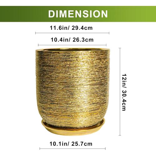Ceramic Pots for Plants 12 Inch - Ceramic Planter for Indoor Outdoor Flowers, Cylinder Modern Flower Pot with Drainage Hole and Saucer, Patio Home Decor, Gifts for Plants Lovers, Gold