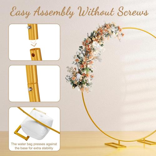 Minetom 6.6FT Round Metal Backdrop Stand with White Wedding Arch Cover Spandex, Gold Wedding Balloon Arch Backdrop Stand Round Arch Frame for Birthday Party Baby Shower Graduation Ceremony Decoration