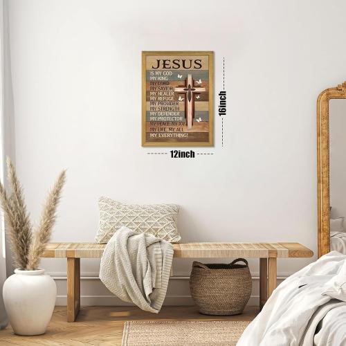 Framed My God Jesus Wall Art Canvas Prints, Christian Inspirational Quote Wall Decor, Vintage Cross White Butterflies Artwork, Religion Bible Verse Decor Art for Bedroom Prayer Room – 12x16in