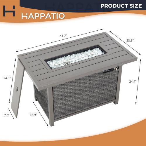 Size 42 Color Grey Fire Pit Table, HAPPATIO 42inch 50000 BTU Propane Fire Pit with Mental Fence Table Top, Lid, Black Glass Rock, CSA Safety Certified for Patio Balcony Backyard (Gray)