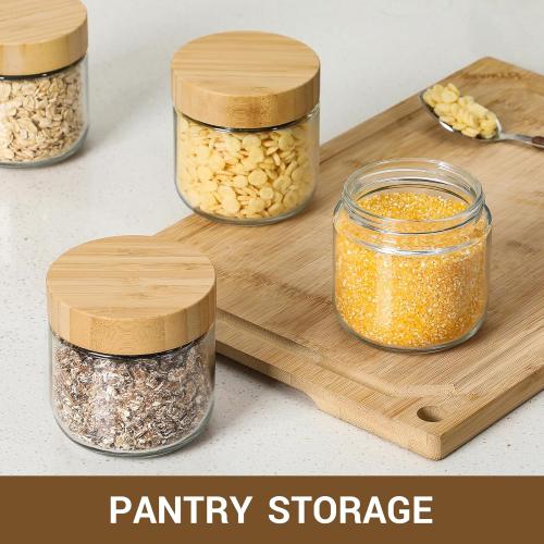 Set of 4 NETANY 4-pack 10oz Glass jars with Airtight Lids, Overnight Oats Containers with Bamboo Lids, Wide mouth Mason Salad jars, Glass Food Storage Containers for Snacks Yogurt Spice Sugar