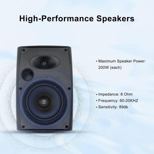 Herdio 6.5 Inch 800W Outdoor Bluetooth Speakers Wired Waterproof with Multifunctional Amplifier, Wall Mount Speaker for Patio Home Poolside Deck Backyard(2 Pairs,Black)