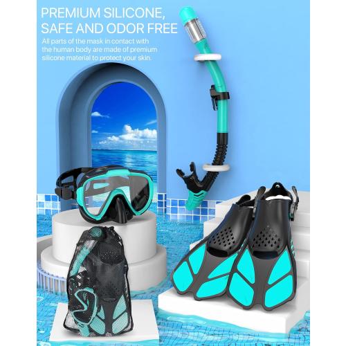 Snorkeling Gear for Adults Men Women,4 in 1 Snorkel Set with Panoramic View Diving Mask Anti-Fog Anti-Leak,Dry Top Snorkel,Fins and Travel Bag for Swimming,Snorkeling and Travel Diving