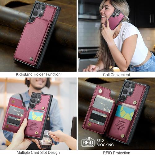 Vinich for Samsung Galaxy S25 Ultra Wallet Case with Card Holder, RFID Blocking Credit Slots Kickstand Shockproof Phone Cover for Women Men, Wine Red