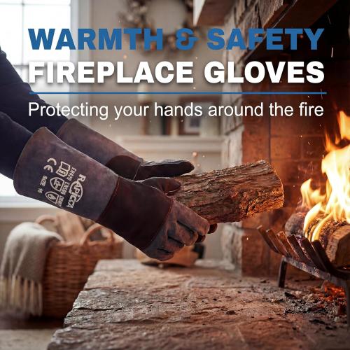 Fireplace Gloves Fire Heat Resistant: Dark-Grey 16IN 932℉ - Fireproof Leather for Fireplace Fire Pit Wood Stove Campfire Furnace BBQ Grill Oven Stick Mig Welding Welder Gear - Birthday Gift XL