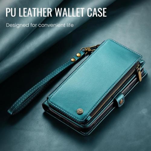 Defencase Compatible with iPhone 16 Case Wallet with RFID Blocking Card Holder for Women Men, Fashion PU Leather Magnetic Snap Flip Zipper Strap Wallet Phone Case for iPhone 16 6.1, Blue Green