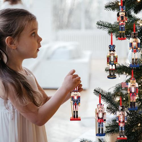 24 Pcs Christmas Nutcracker Ornaments Patriotic Wooden Nutcracker Hanging Ornaments Double Sided Figures Decorations for Xmas Tree Holiday Party Supplies