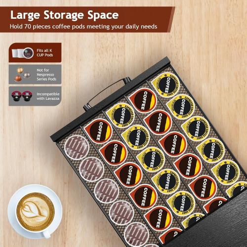 K Cup Holder Drawer - K Cup Storage Organizer, Coffee Pod Drawer with Hooks, Durable Iron-Wood Design, Space-Saving Coffee Station Organizer for Kitchen Counter