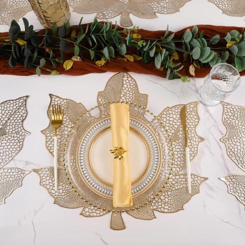 Gold Placemats Set of 8, Vinyl Table Mats Hollowed-Out Leaf Place Mats Dinner Table Decor Mats for Wedding Party Kitchen Decorations