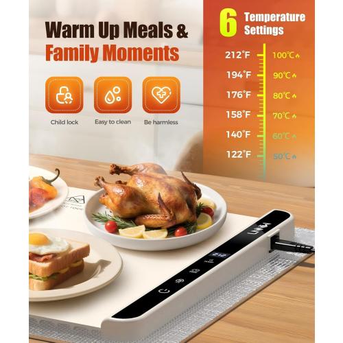 Food Warming Mat with Heat-Resistant Pad, 26X15 Inch, 6-Level Temp 6-Hour Timer, Child Lock Safety,Food Warmer Chafing Dishes for Buffet.