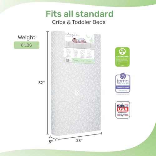 Dream On Me Dreamland Orthopedic Firm Fiber Crib and Toddler Bed Mattress, Greenguard Gold and JPMA Certified, Waterproof Vinyl Cover, Dual-Sided Mattress, Grey, Made In The U.S.A