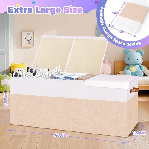 Extra Large Toy Storage Box with Lid, Collapsible Sturdy Toys Chest Storage Organizer Bin Basket with Divider for Kids, Boys, Girls, Closet, Playroom, Bedroom, Nursery, 40X14X16, Beige & White